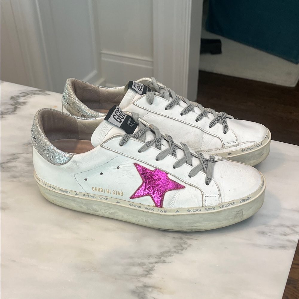 Golden Goose White Sneakers with Pink Star and Silver Heel